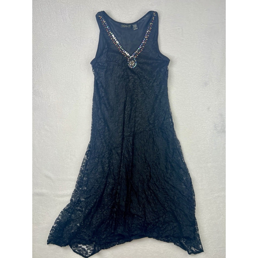 Lola P Midi Dress Sz Large Black‎ Floral Beaded Trim  V-Neck Bohemian